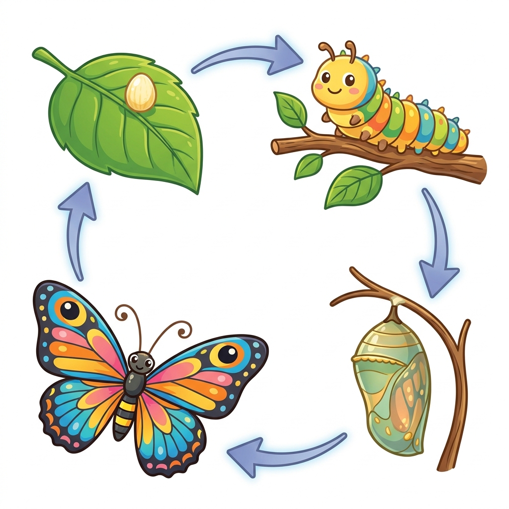 The butterfly life cycle has four stages. First, the egg is laid on a leaf. Second, a caterpillar hatches. Third, it forms a.