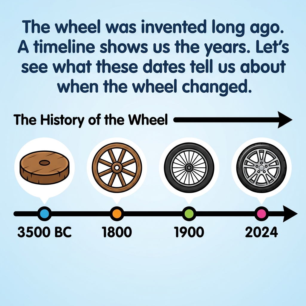The text says the wheel was invented long ago. A timeline shows us the years. Let's see what these dates tell us about when.