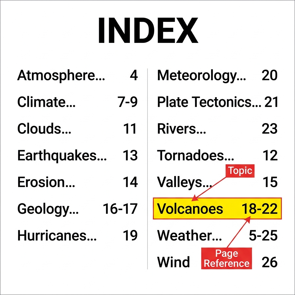 An index is found at the back of a book and lists topics in alphabetical order. If you look up 'volcano' in the index, it.