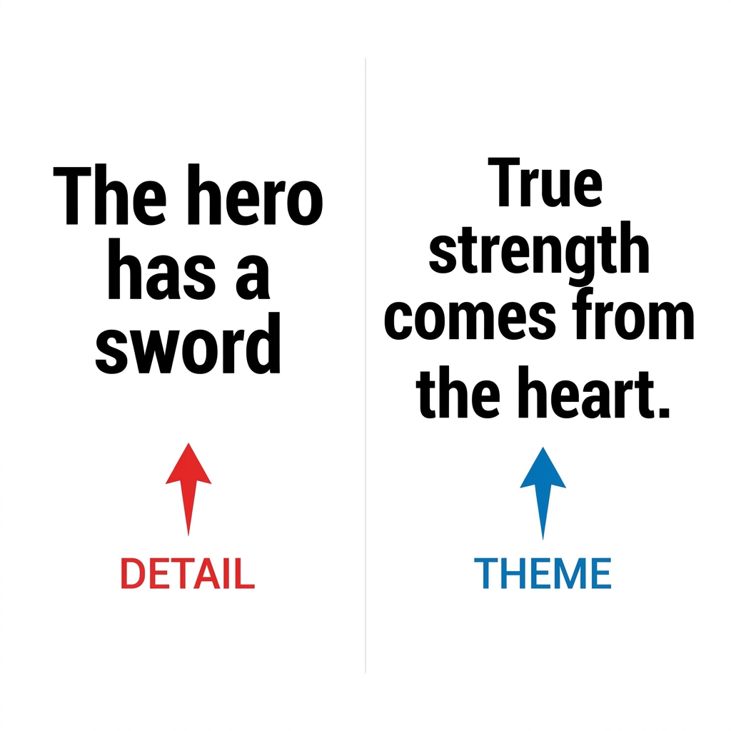 Saying 'The hero has a sword' is a detail. A theme is 'True strength comes from the heart.'
