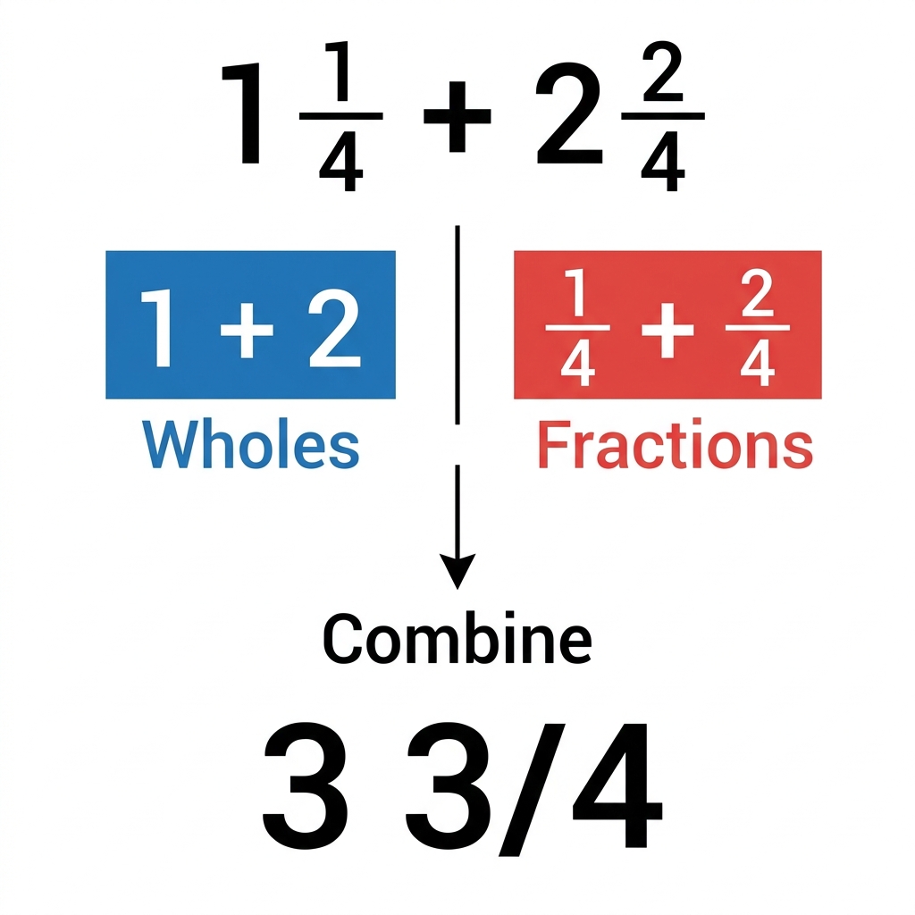 We want to add 1 1/4 and 2 2/4. We have 1 whole and 2 wholes, and we have 1/4 and 2/4.