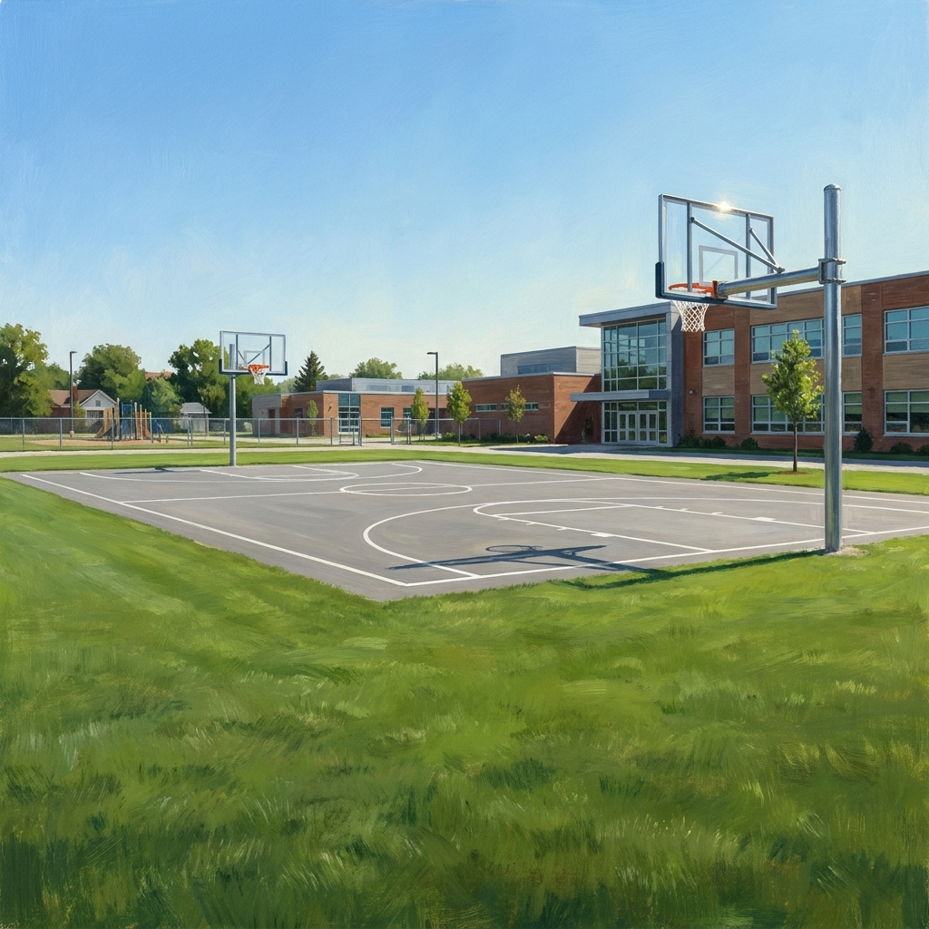 A school playground has a flat field and a built basketball court. The field is a large, open area of grass. The basketball.
