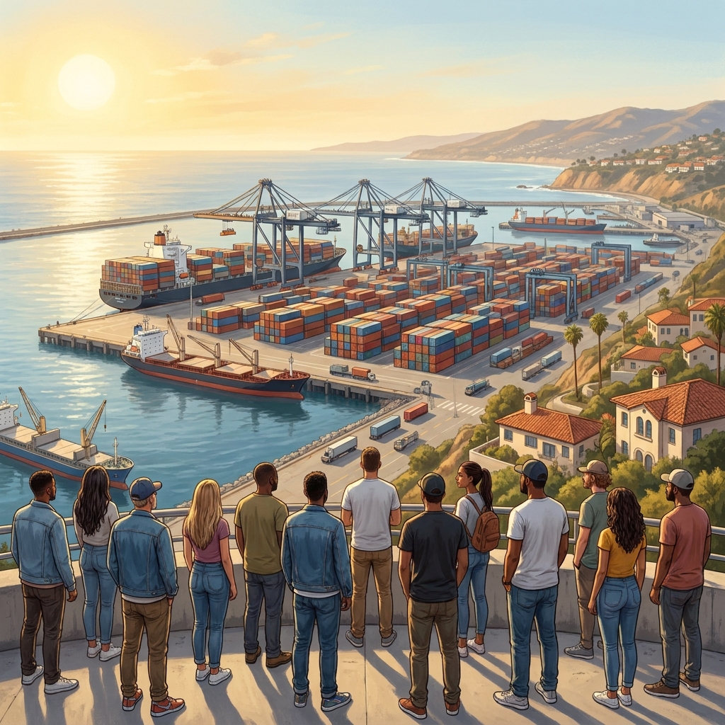 The Pacific Ocean is a major physical feature of the coast. The Port of Los Angeles is a human feature built by people to.