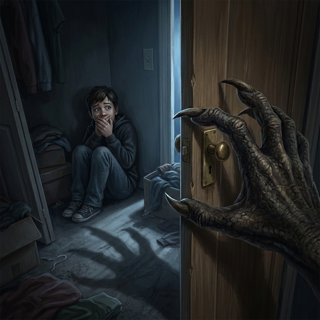 Imagine a character named Leo hiding in a closet from a monster. The text says, 'Leo held his breath, praying the monster.