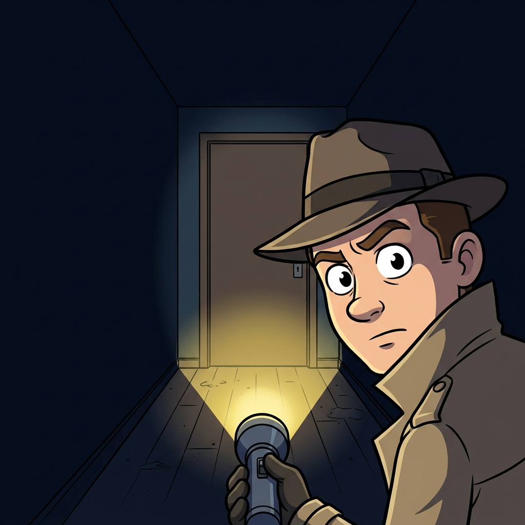 In a mystery story, the narrator only sees what the detective sees. The text says, 'The detective stepped into the dark.