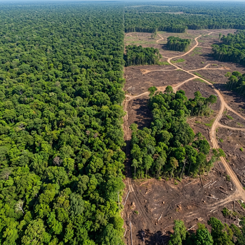 Satellite imagery of a forest before and after trees are cut down demonstrates the scale of deforestation. This type of.