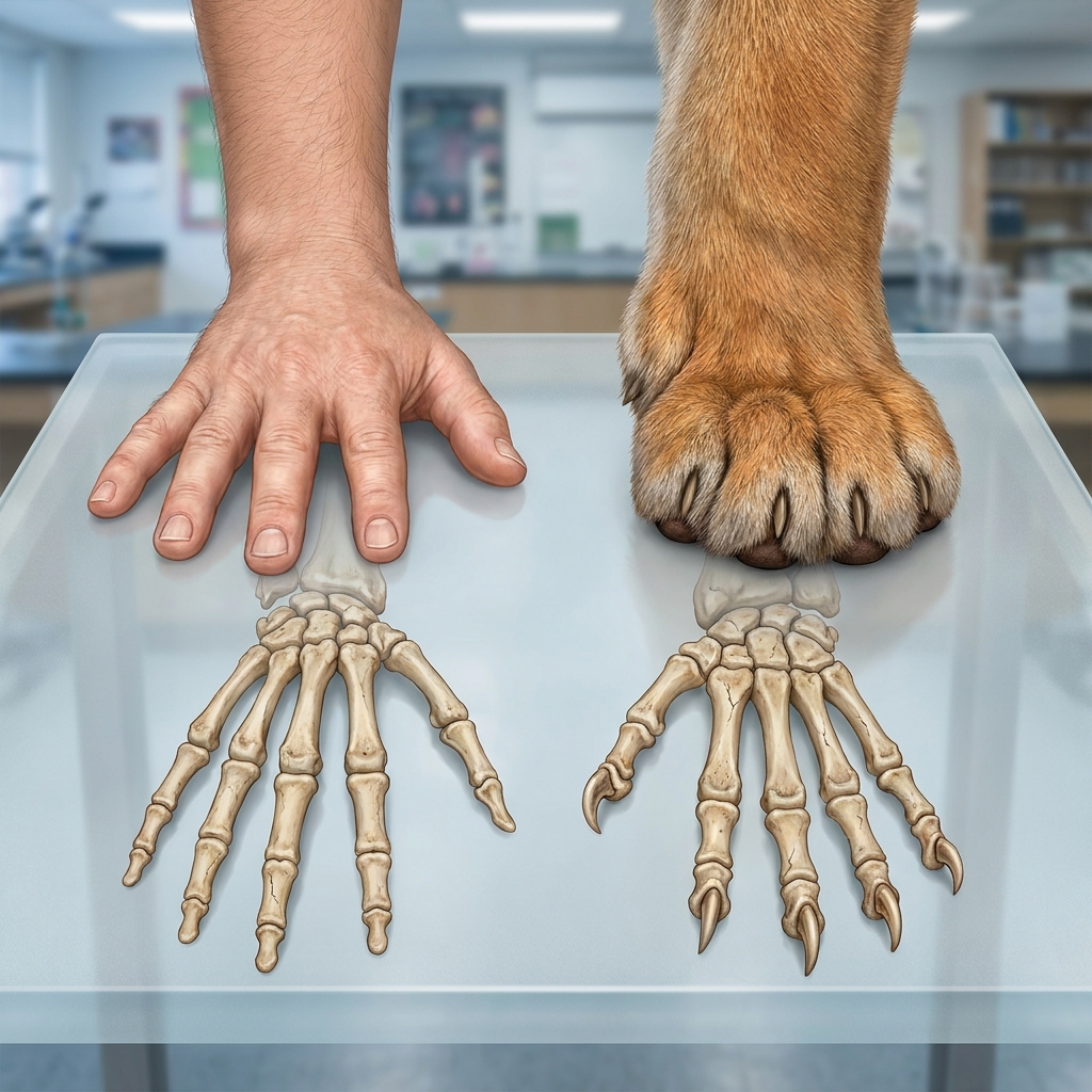 A human hand and a mountain lion paw look very different on the outside. However, if you look at the bones inside, you will.