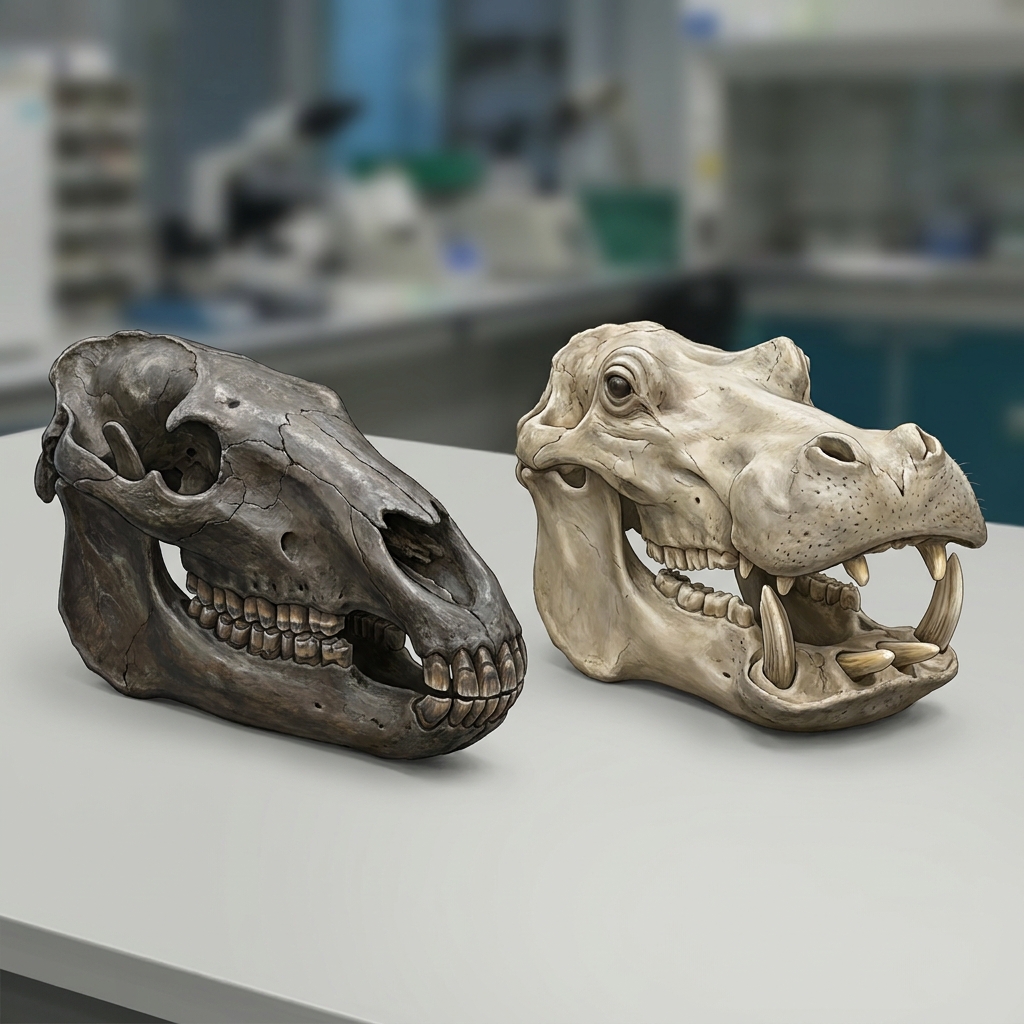 We are looking at the skull of the extinct Desmostylus and the modern hippopotamus. The Desmostylus was a large, four-legged.