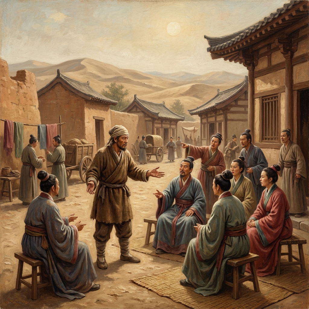 Imagine a traveler arrives in a small Chinese village. They share a story about a peaceful way of life they learned in a.