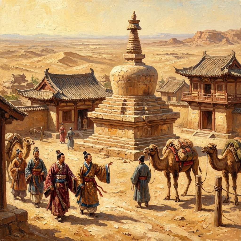 In Chinese border towns, researchers found stupas, which are dome-shaped Buddhist shrines. Because these shrines appear in.