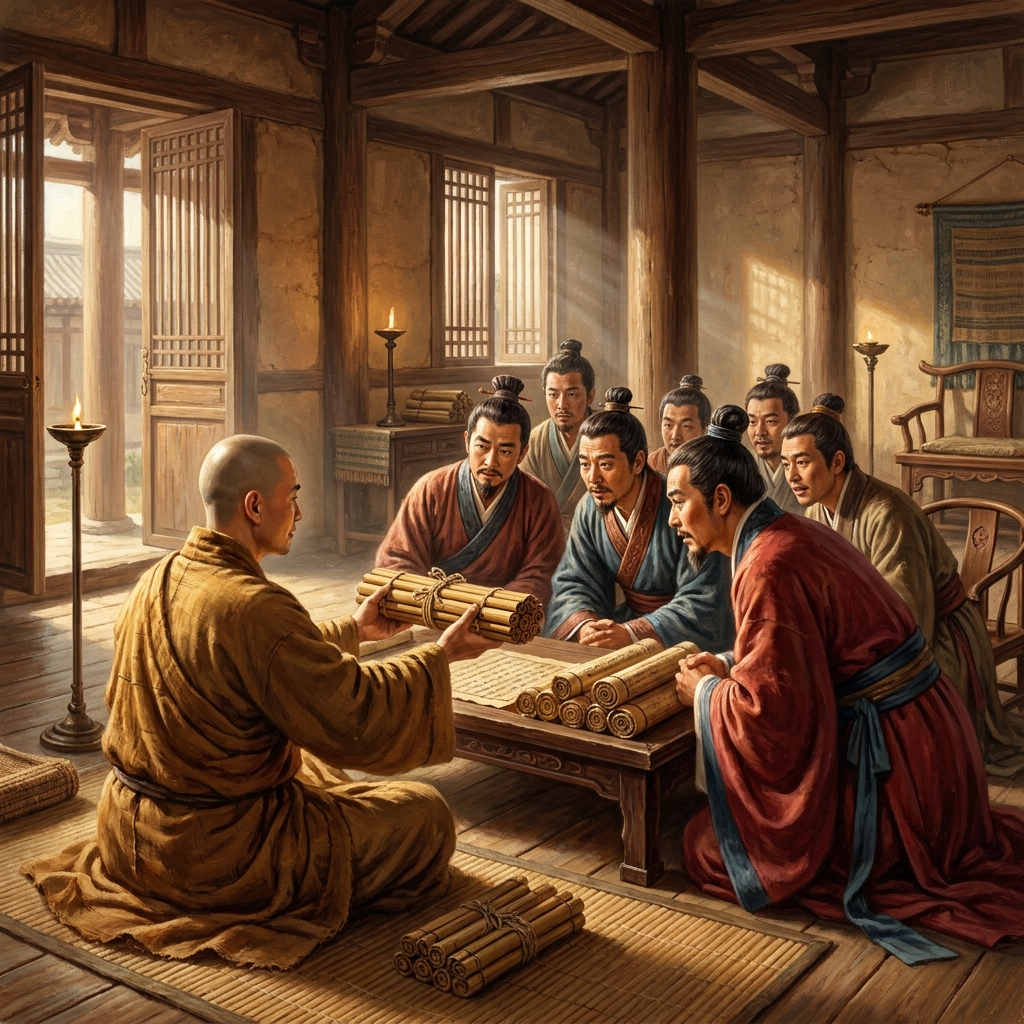 A monk traveled from India to the Han capital, carrying scrolls of Buddhist teachings. By reading his journal, we can see.