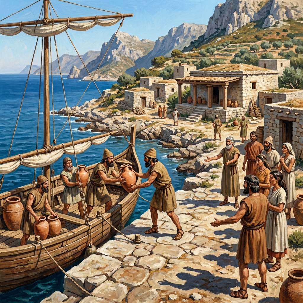 Athenian merchants filled their ships with jars of olive oil. They sailed across the Aegean Sea to islands that lacked olive.
