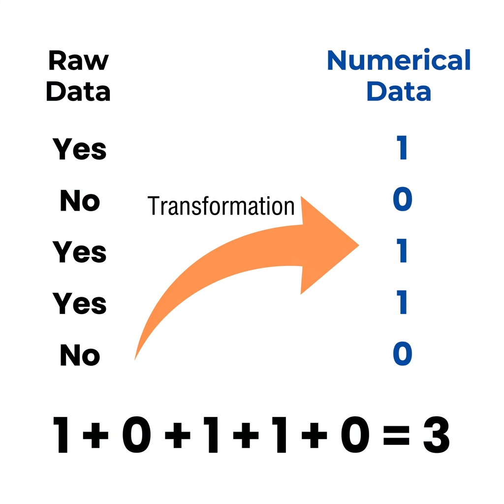 Example one: converting text to numbers. If a survey asks for 'Yes' or 'No', we can transform these into 1 and 0. This.
