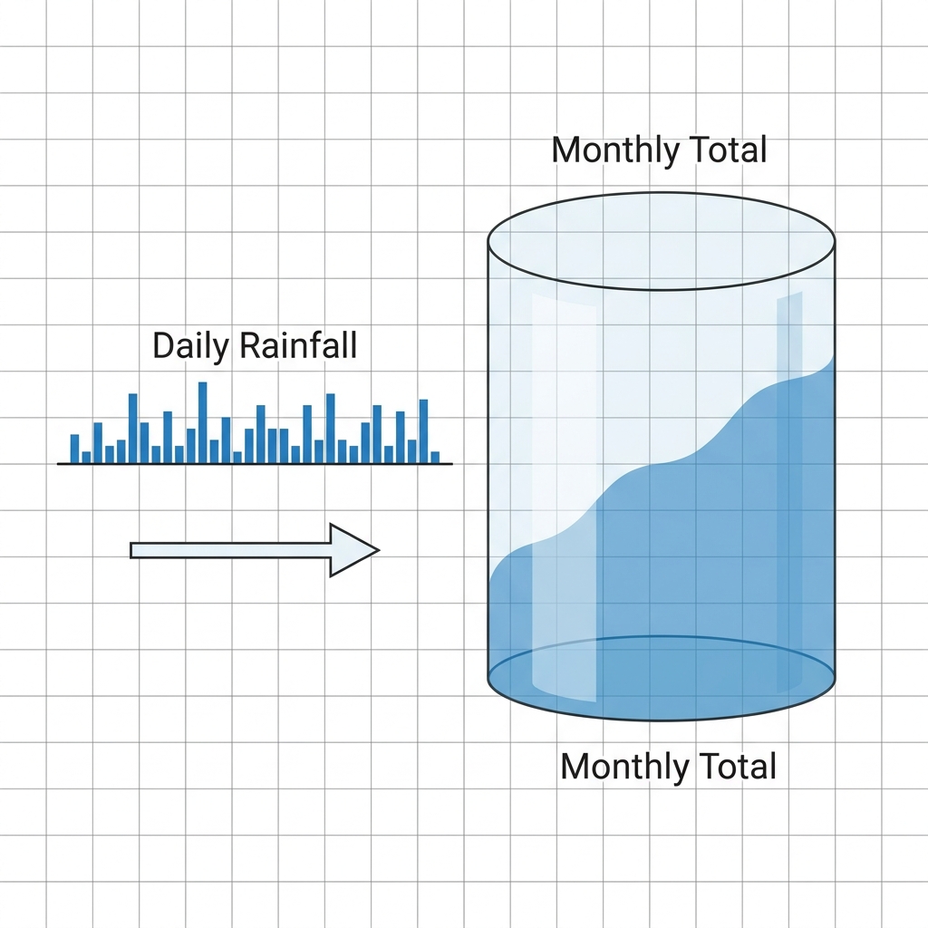 The API gives us daily rainfall. We want to sum these up for each month. We will trace through the daily values and add them.