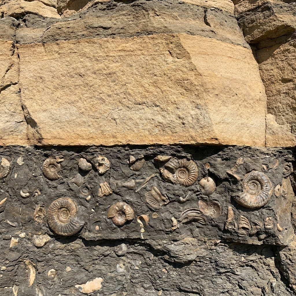 In some rock layers, we see many types of marine invertebrates like ammonites. Then, in the very next layer above, they.