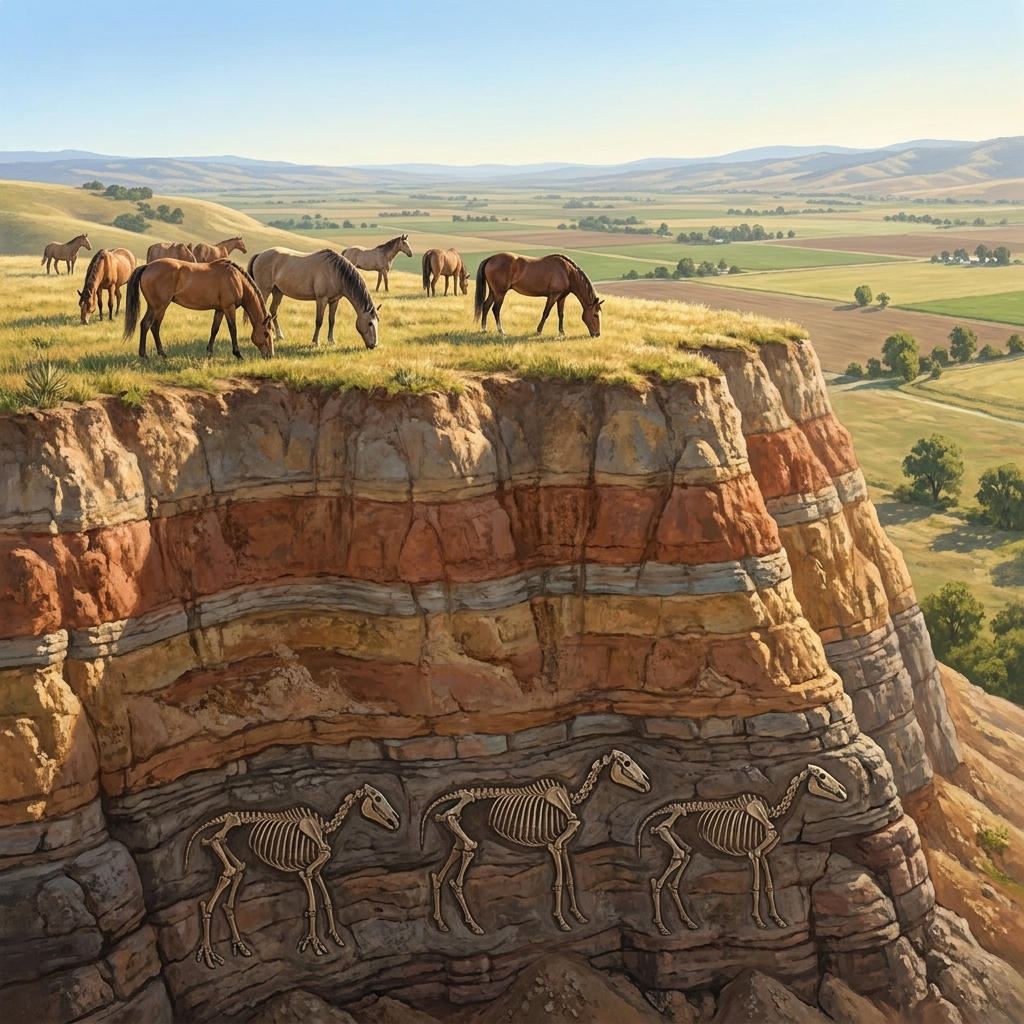 In the Central Valley, we find horse fossils in different layers. The bottom layer has small, dog-sized horses with multiple.