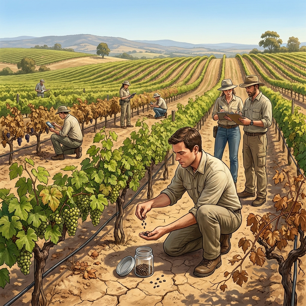 In a vineyard, researchers track how much water different grapevines need. They find that some vines stay healthy with very.