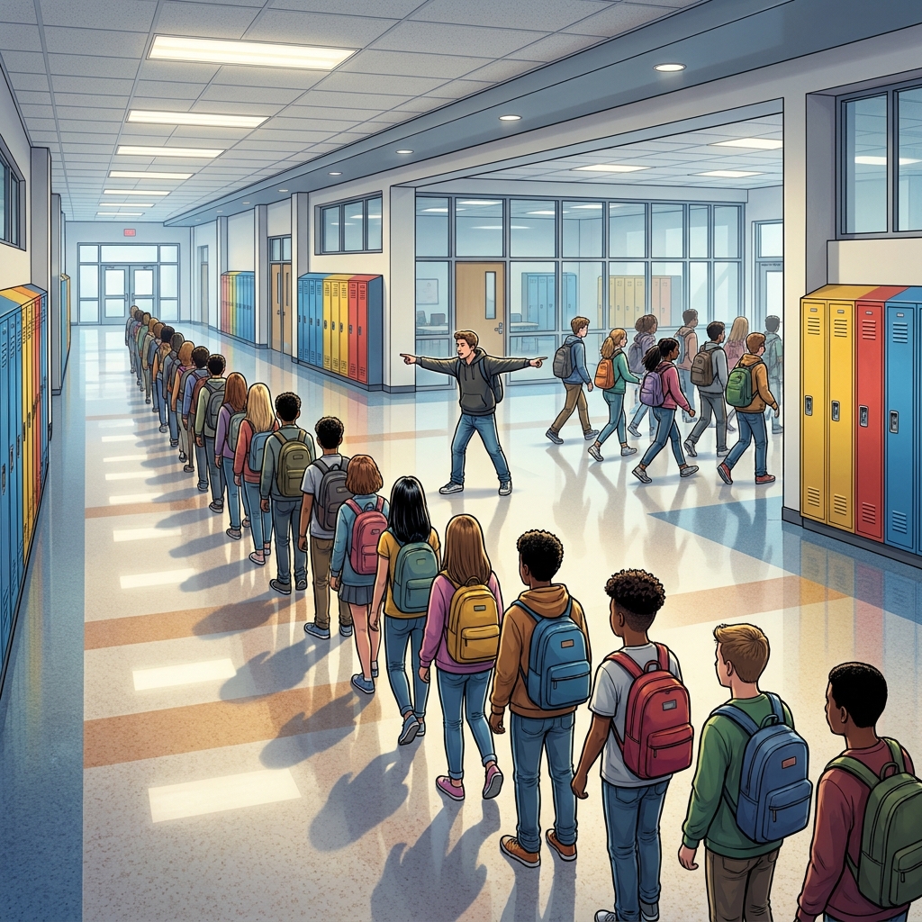 Imagine a school rule that says students must walk in a straight line because it has always been done that way. If a student.