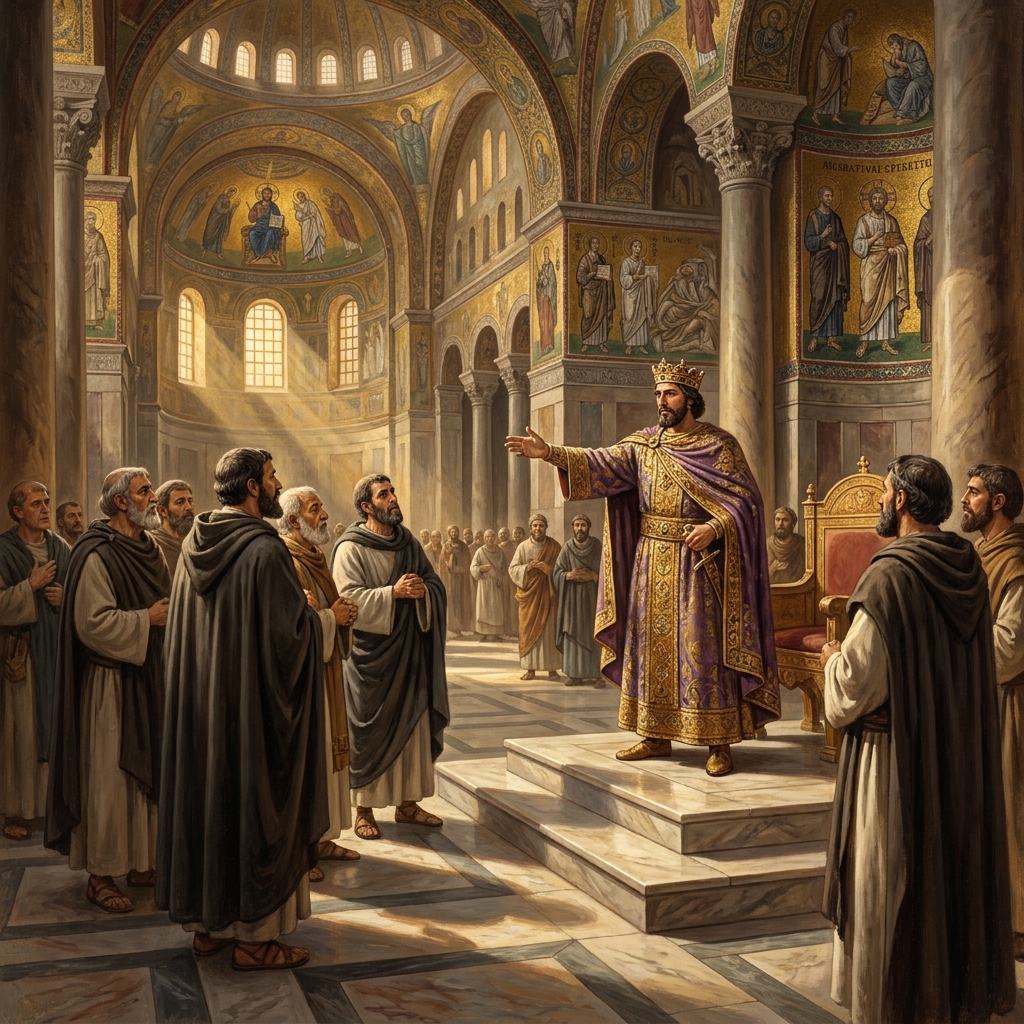 In the Byzantine Empire, the Emperor would preside over church councils and help decide religious doctrine. This is an.