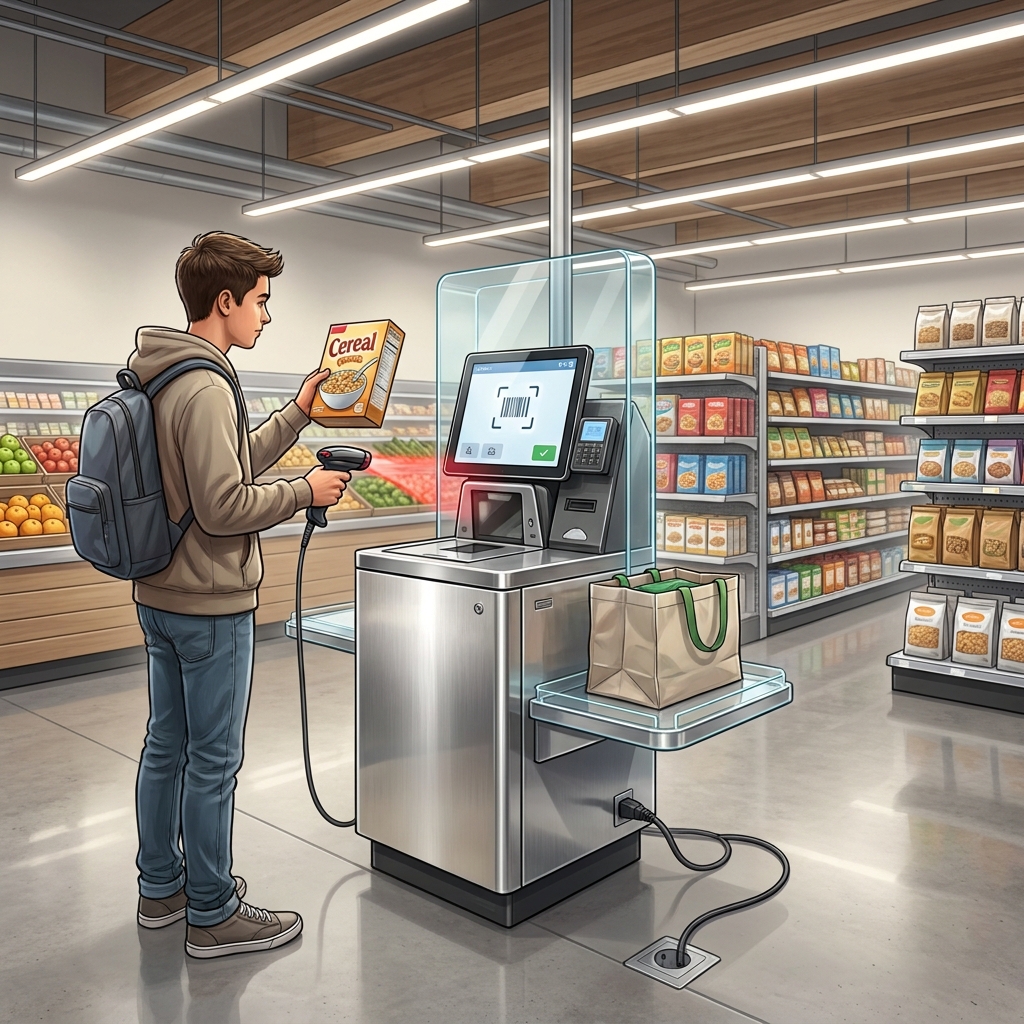 Let's trace the impact of self-checkout kiosks in a store. The kiosk allows for faster shopping, but it replaces the job of.