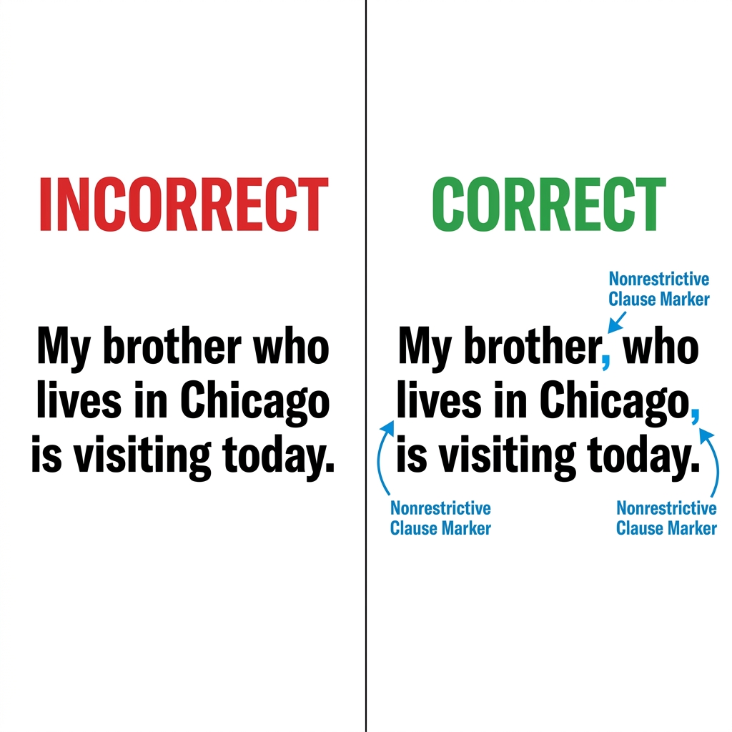 Non-example 1: My brother who lives in Chicago is visiting today. This is missing commas around the nonrestrictive clause.