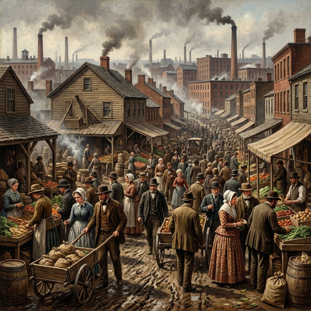 As more people arrived in cities, space became very limited. In a crowded marketplace, buildings had to be built closer.