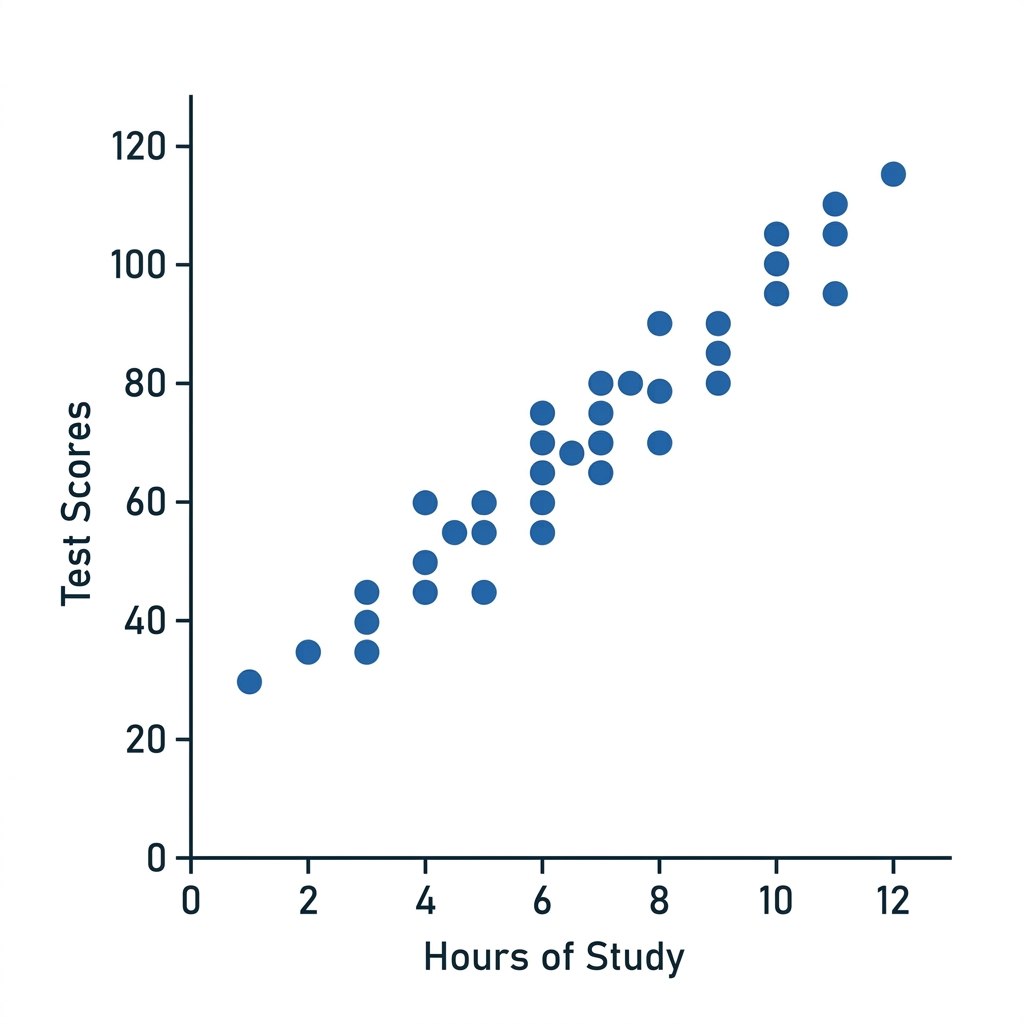 When we look at many points on a scatter plot, we can see if they form a pattern. For example, if we track hours of study.
