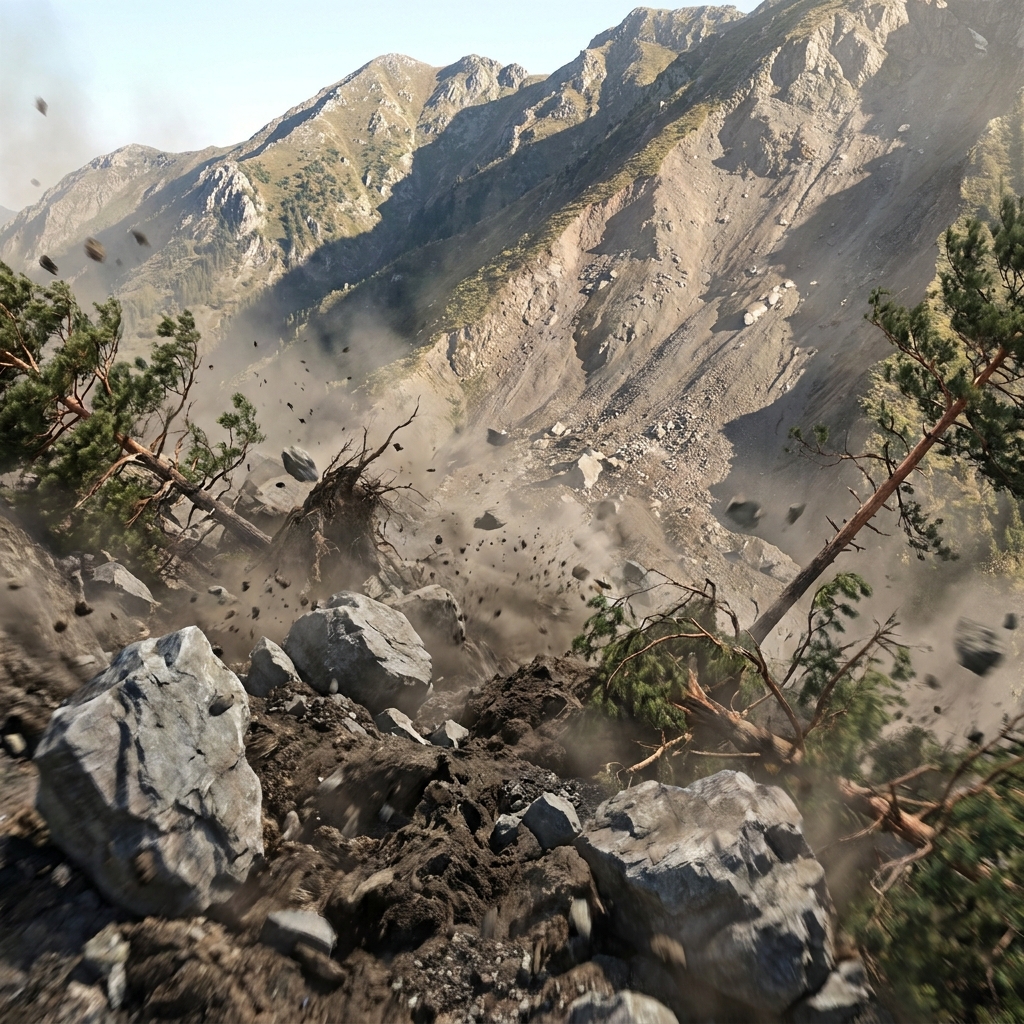 In a landslide, debris like rocks and soil moves down a slope. We can analyze how the mass of the debris affects the impact.
