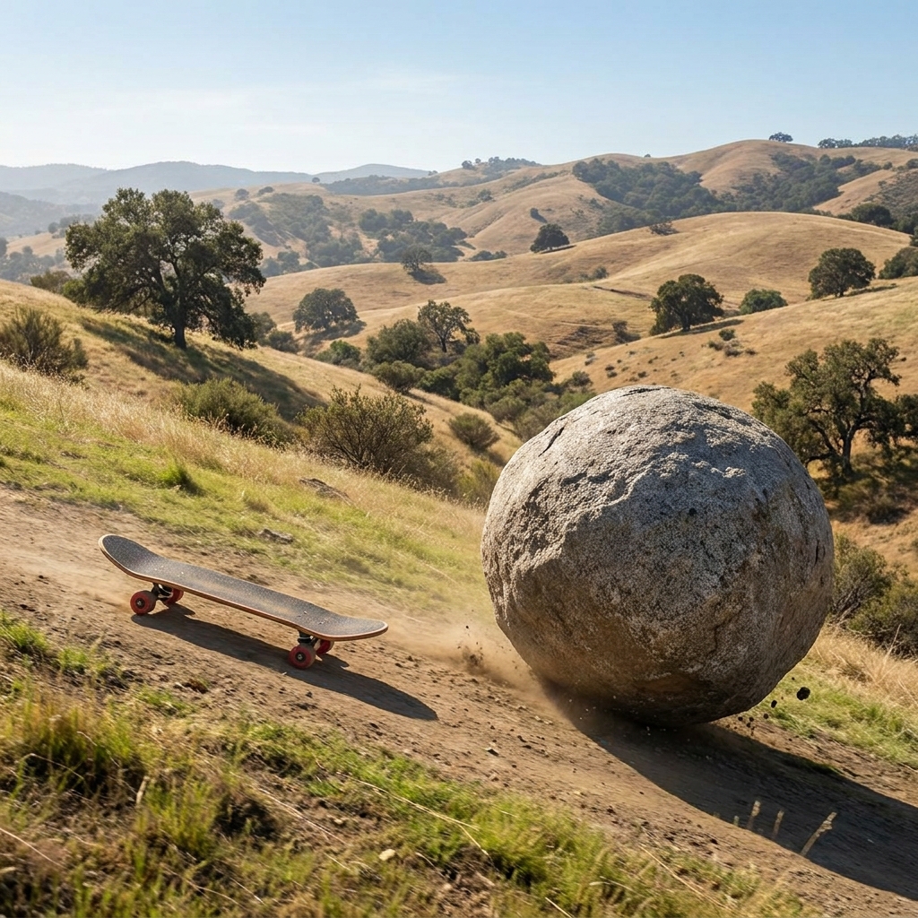 Now let's look at mass. Imagine a small skateboard and a large boulder rolling down a hill in a California ecosystem. Both.