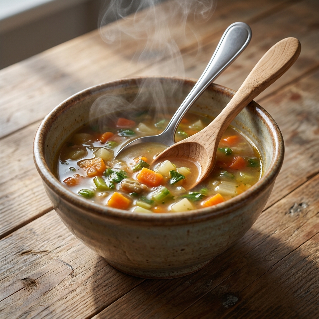 Now let's consider the type of matter. Imagine placing a metal spoon and a wooden spoon into a bowl of hot soup. The metal.