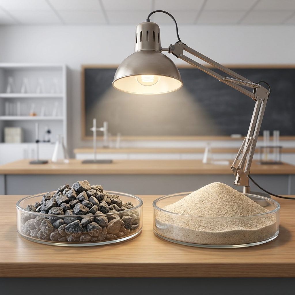 When we heat granite and sand under a solar lamp, the granite heats up differently than the sand. This is an example of how.