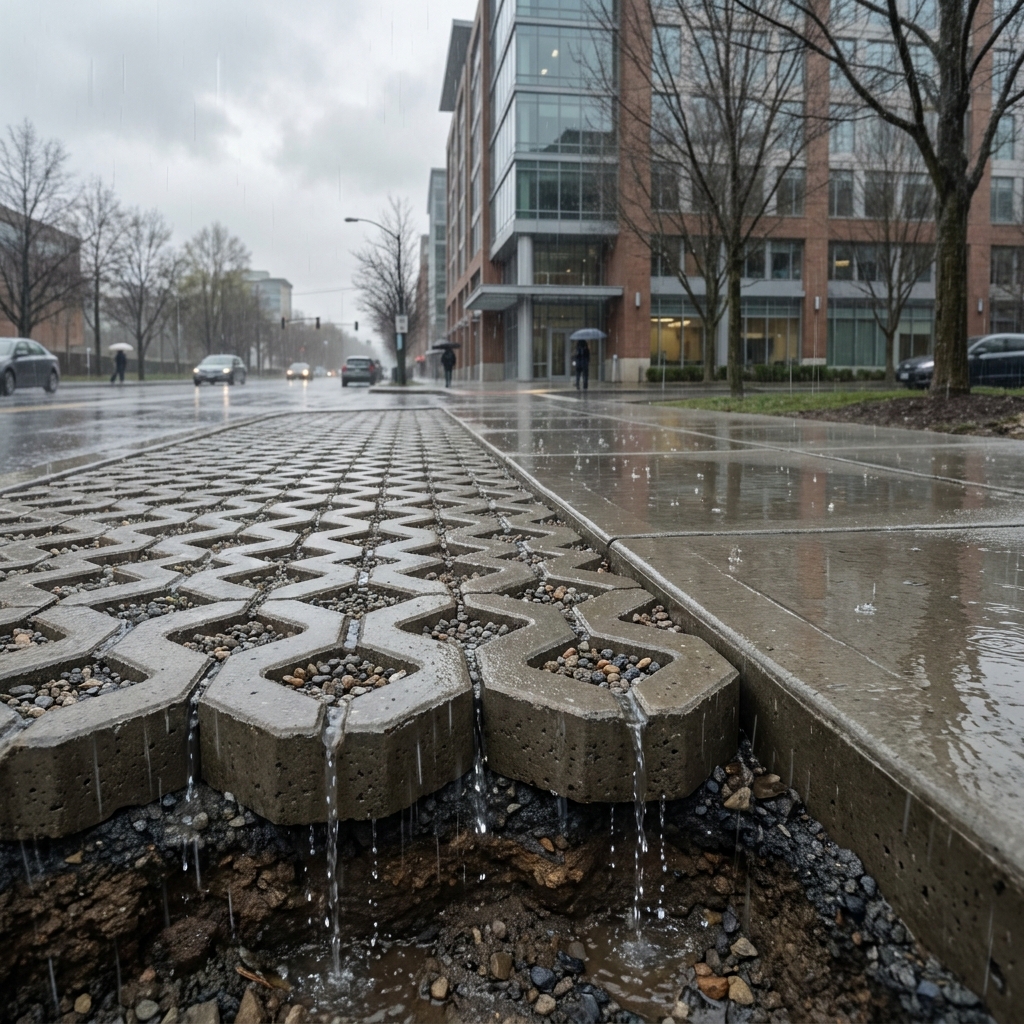 Permeable pavement is a type of material that allows water to soak through it into the ground. This reduces urban runoff.