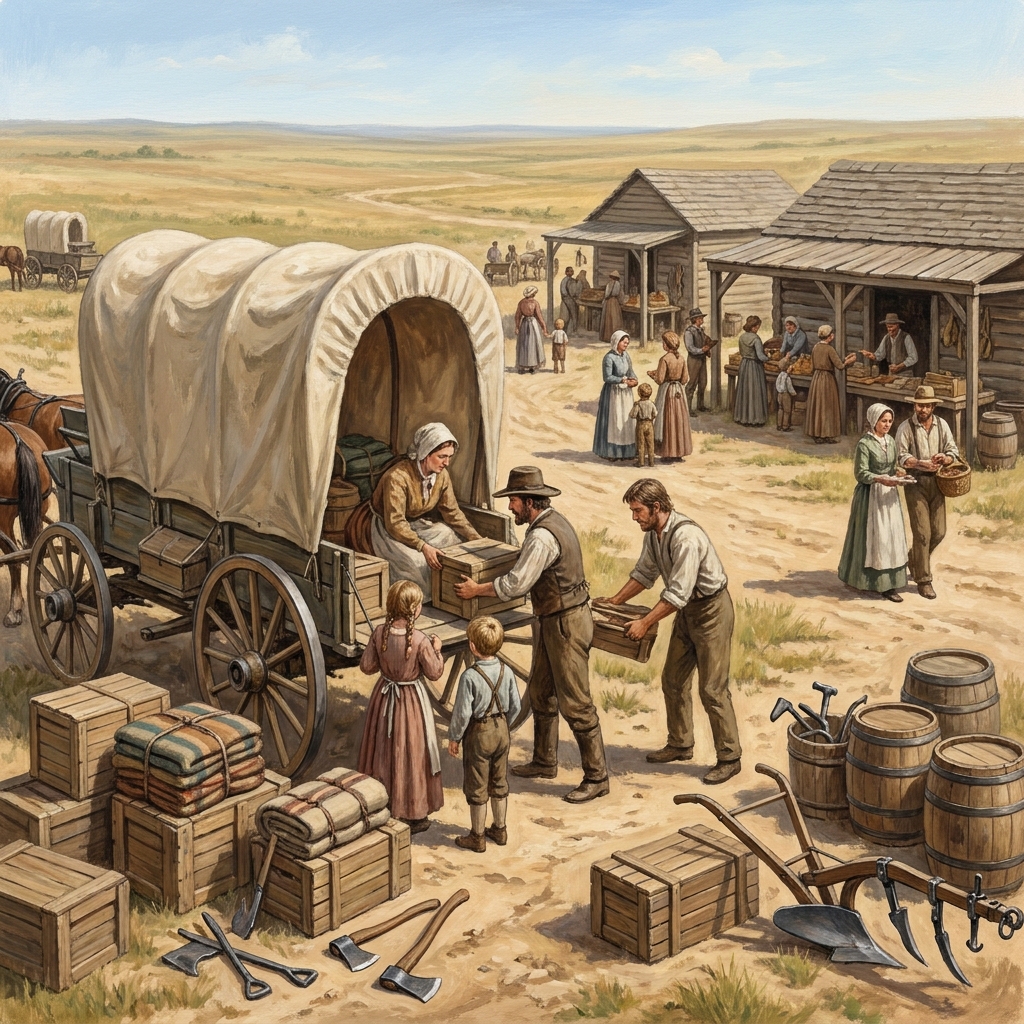 Before any journey, people must prepare. Families gathered in Independence, Missouri, to buy supplies for the long trip.
