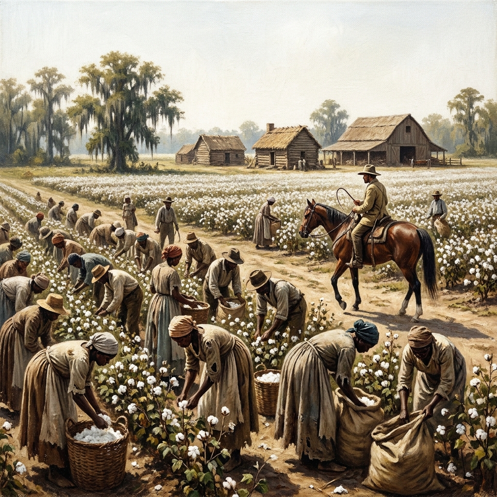 A large cotton plantation in Mississippi is an example of slavery. The enslaved people there work from dawn until dusk under.