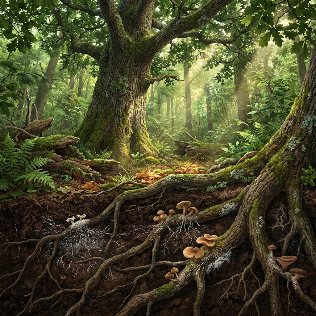 Imagine we observe a forest floor. We see fungi attached to the roots of an oak tree. We also see that the tree is growing.