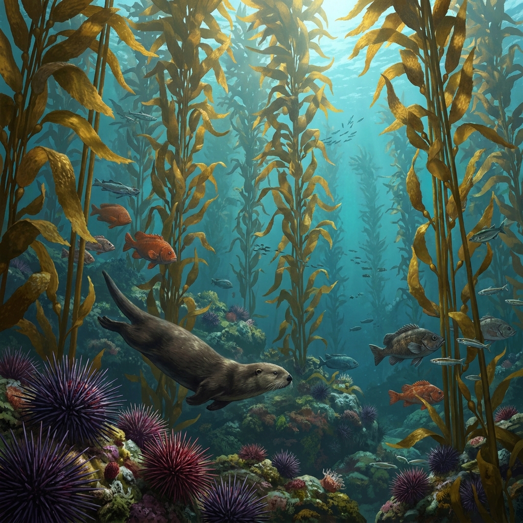 In a kelp forest, sea urchins eat kelp, and otters eat sea urchins. We can see that if there are many otters, there are.