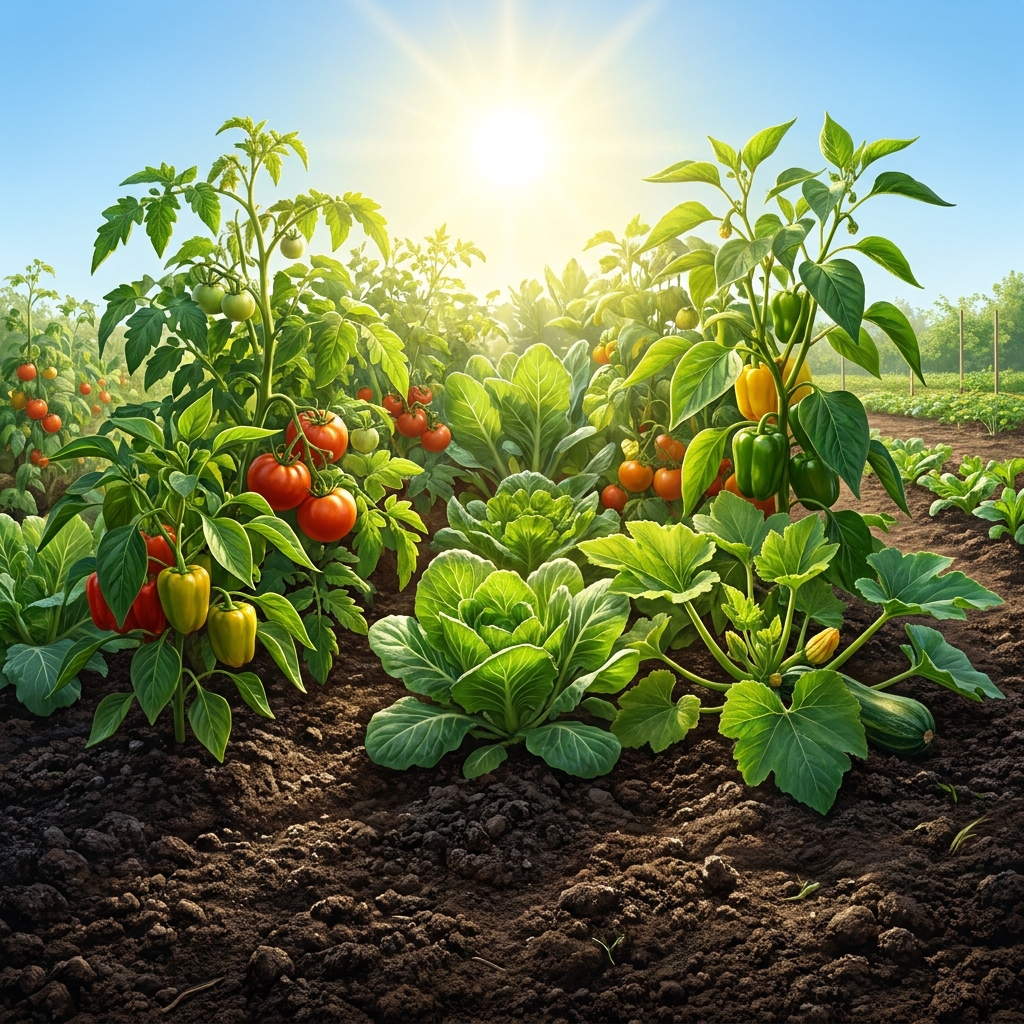 A garden vegetable patch needs sunlight and water to grow. The plants take in energy from the sun and matter from the water.