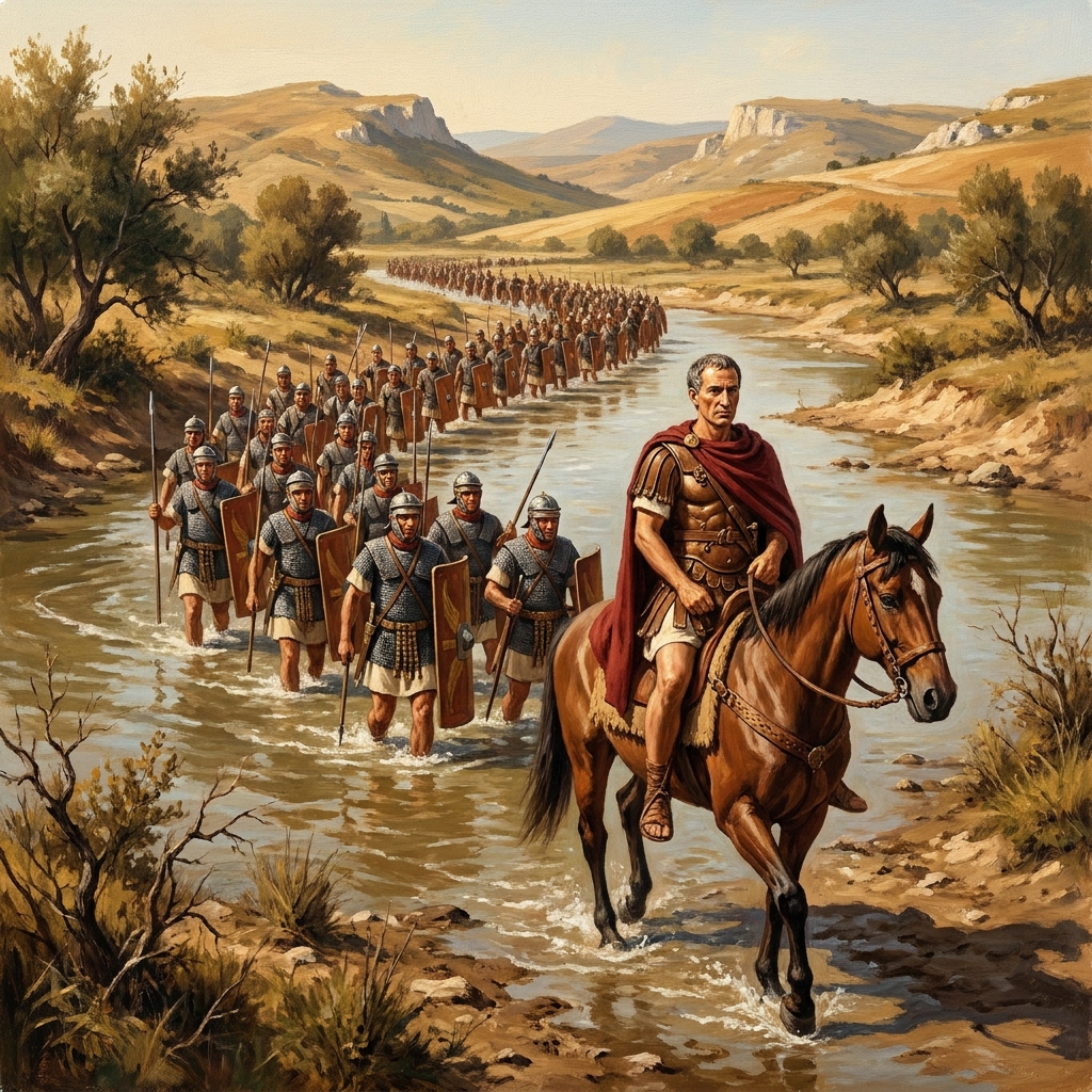 Example one: Julius Caesar crossing the Rubicon river with his army. By bringing his army into Rome, he challenged the.