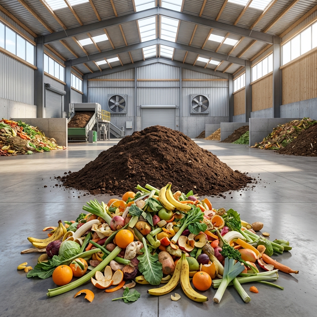 In a California composting facility, organic waste like food scraps and leaves breaks down. This process creates.