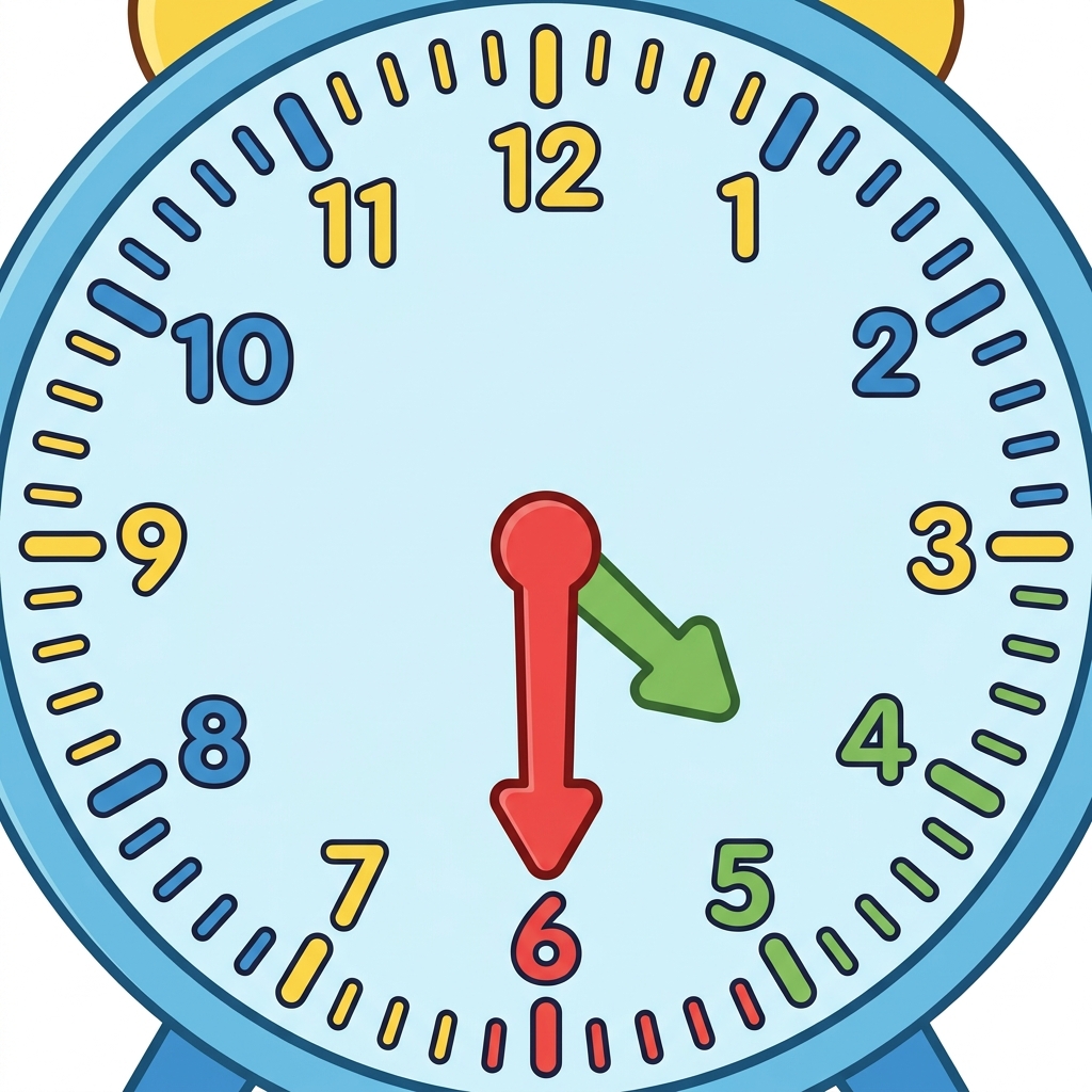analog clock with the long minute hand pointing at 6 and the short hour hand pointing in the middle of 4 and 5