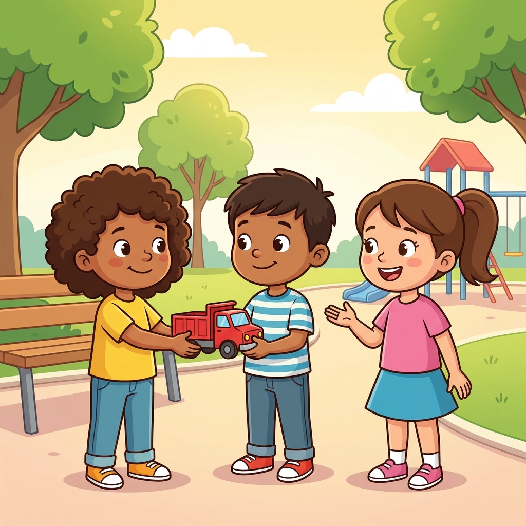 A citizen is a person who is kind. To share is to give a turn. I speak to tell my friend my ideas.