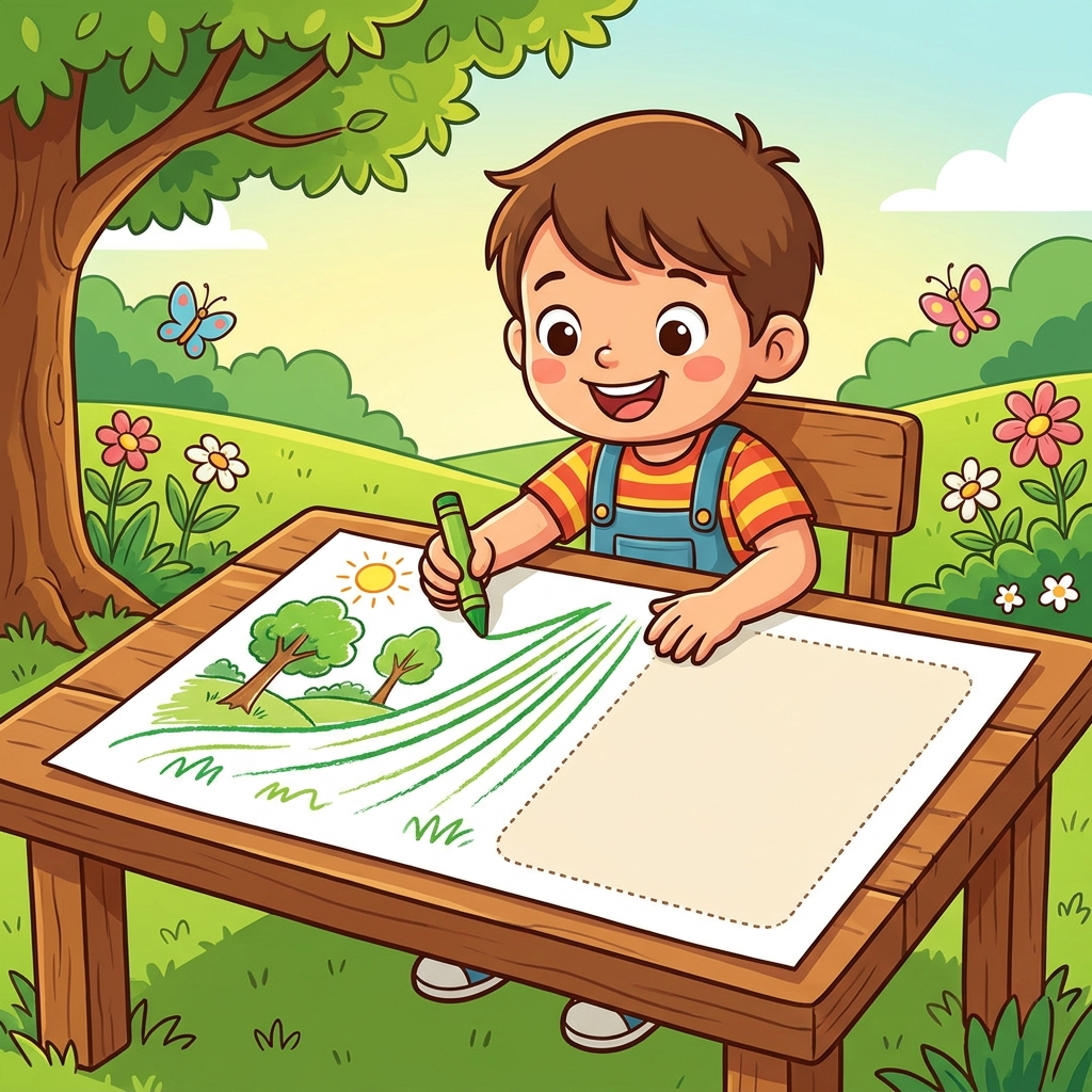 Look at the park. It is fun. Let us draw the grass. Drawing helps us show more detail about the place.