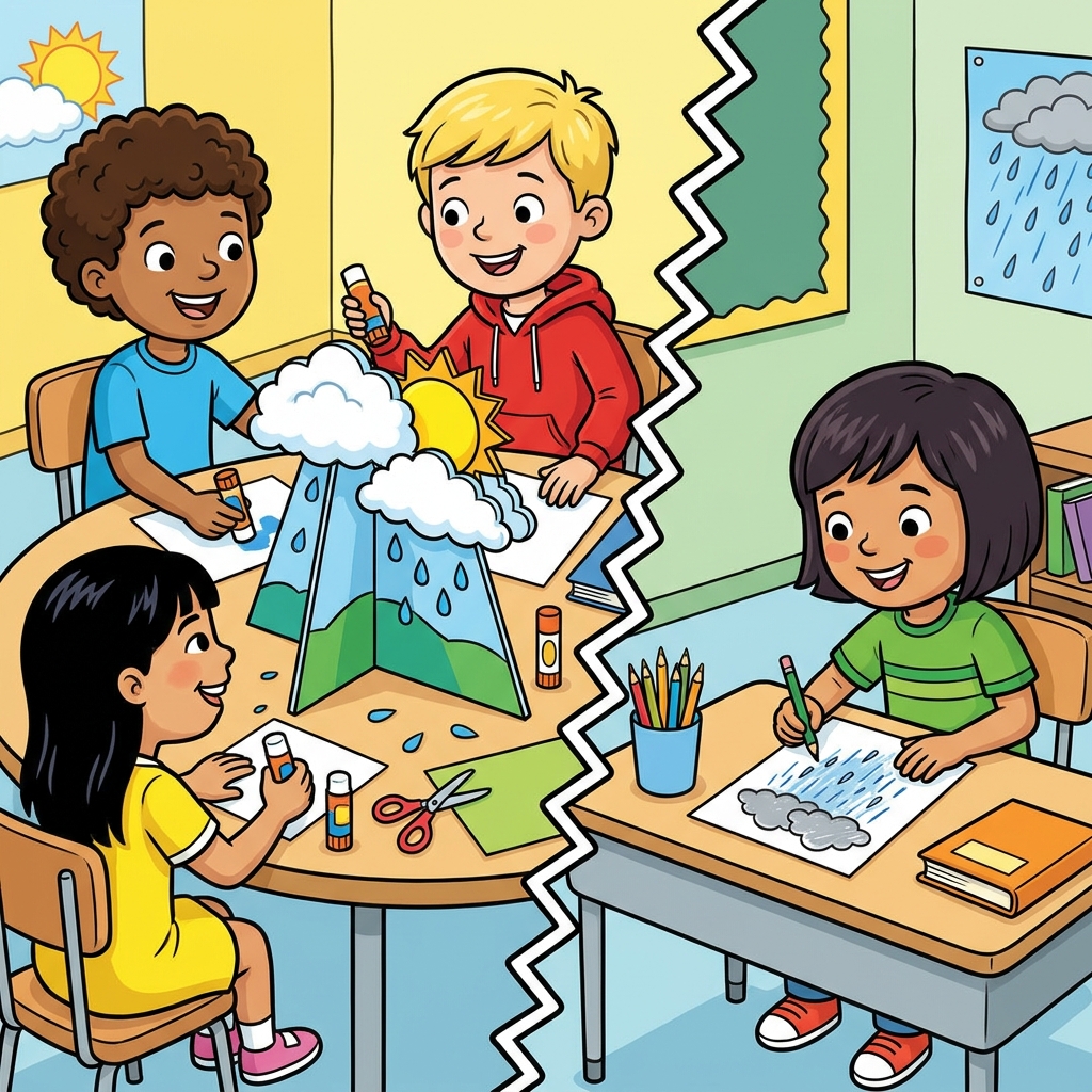 Sometimes we compare working together to working alone. A group project about weather means everyone shares the work. An.