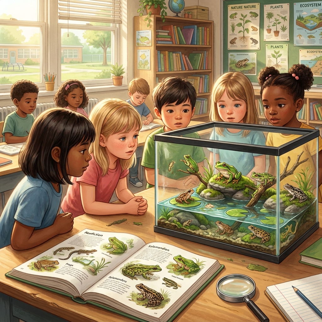 One example is a project on frogs. First, you read books to learn about frogs. Then, you write down true facts like 'frogs.