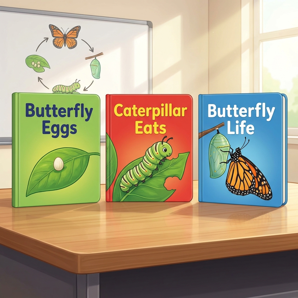 We have three books about butterflies. Let's see what these clues tell us. One book says eggs are laid on leaves. Another.