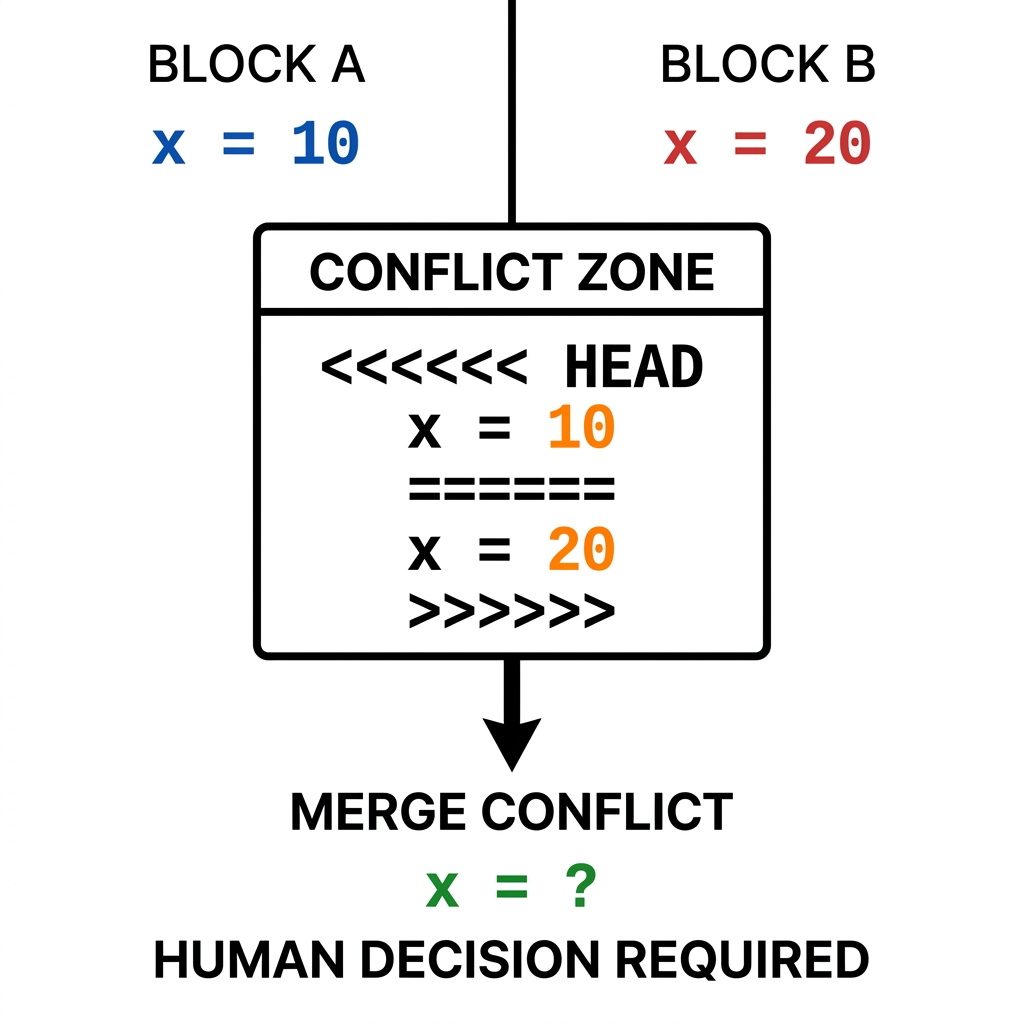 Sometimes, two developers will change the same line of code. This creates a merge conflict. A merge conflict is a situation.