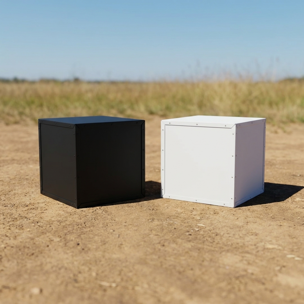 We have two identical metal boxes. One is painted black, and one is painted white. We place both in the sun for one hour.