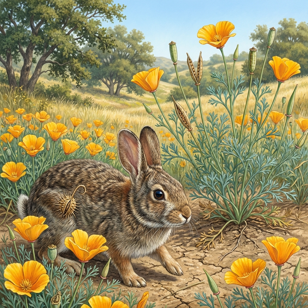 Imagine a California poppy. Its seed pod has tiny, specialized hooks. When a rabbit brushes past, the hooks catch on its.