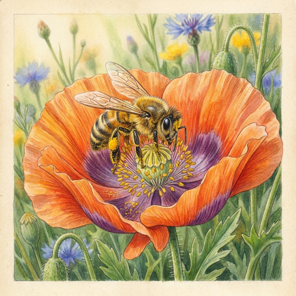 Now let's look at plants. A bee lands on a flower to collect nectar. As it moves, it picks up yellow dust called pollen.