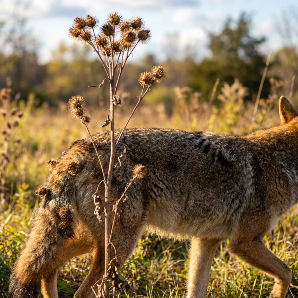 One example is a plant with sticky burrs. These burrs cling to the fur of a passing animal, like a coyote. The animal.